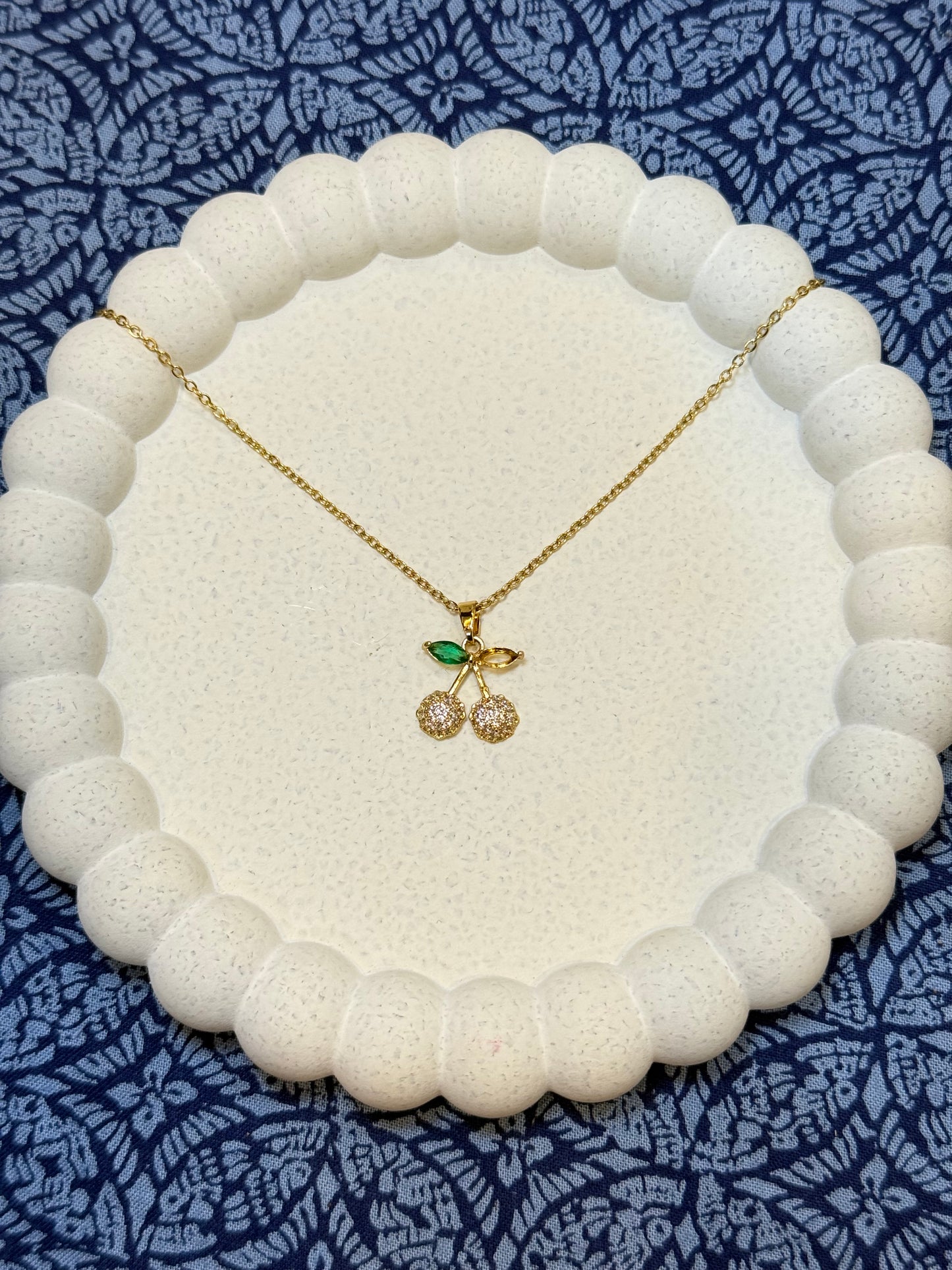 Cherry Pendant with Green Leaves Stainless Steel