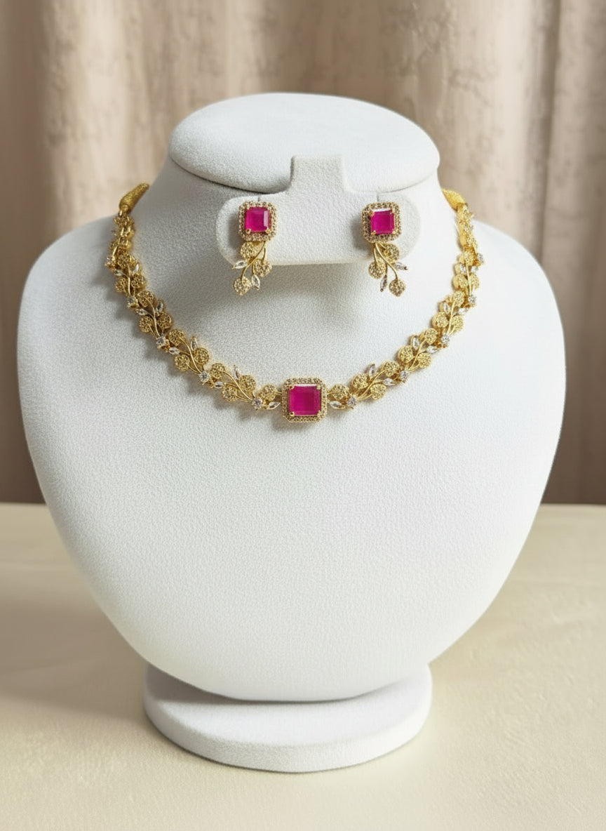 Square stone leafy AD Stone necklace