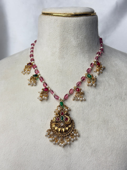 Art Matte Gold Plated Pota Stone And Beads Necklace Set