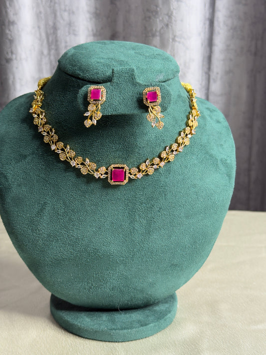 Square stone leafy AD Stone necklace