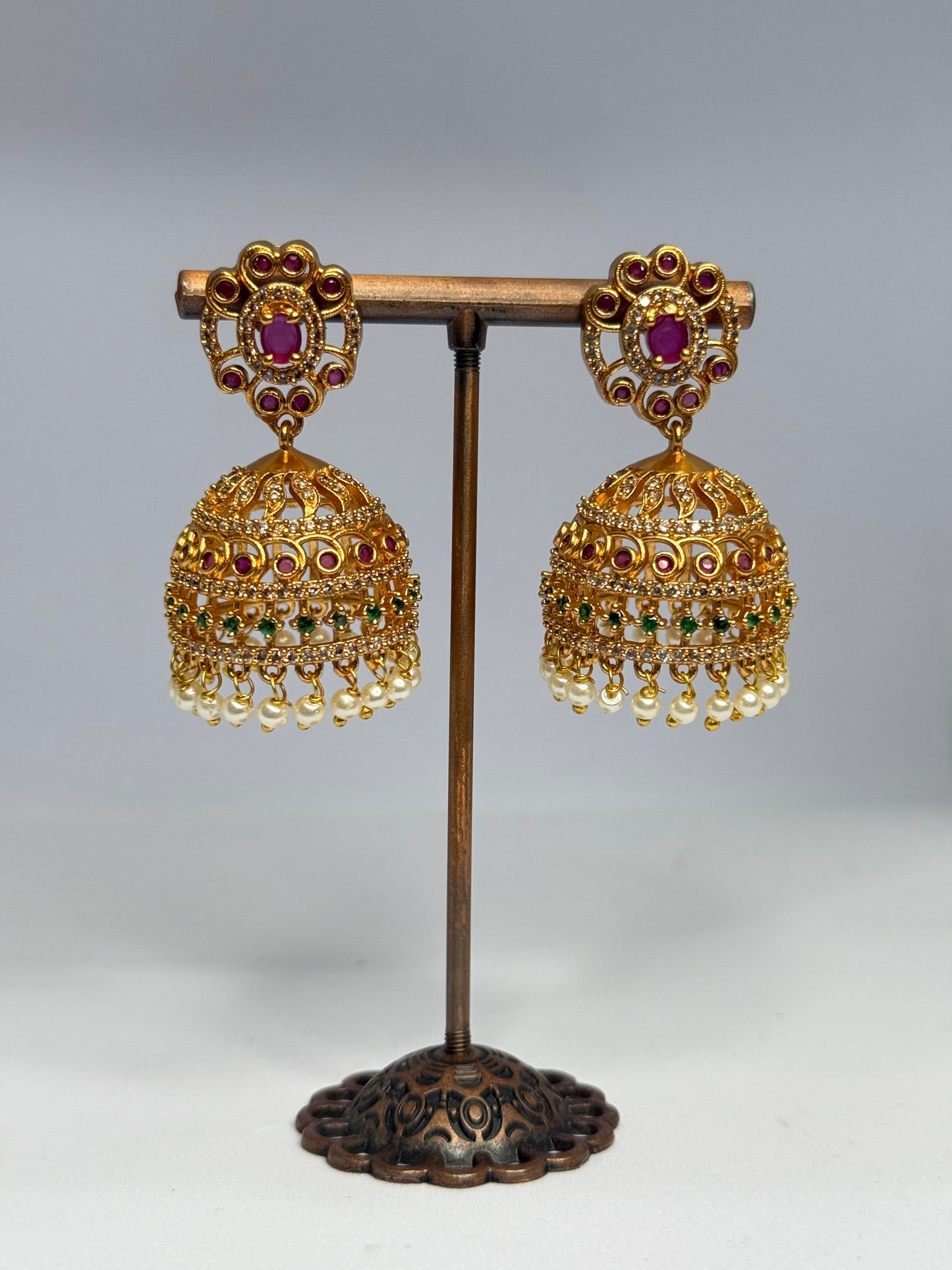 Gold tonned pink and White AD stone pearl Jhumka